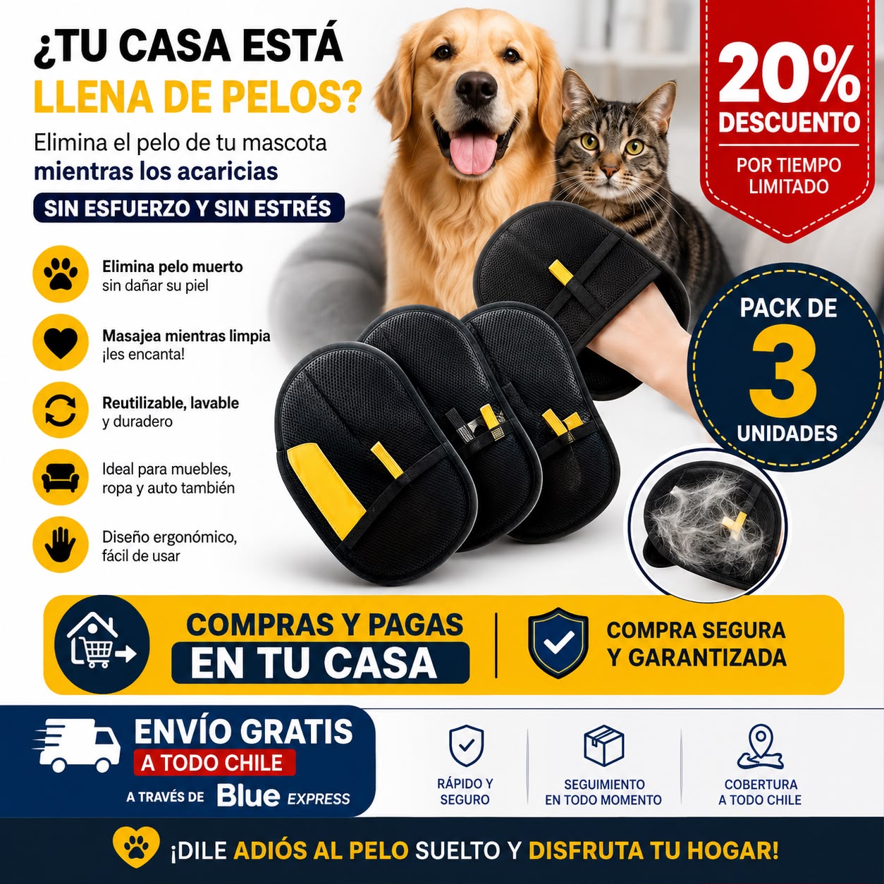 COMBO: GUANTE QUITA PELOS X 3 unidades