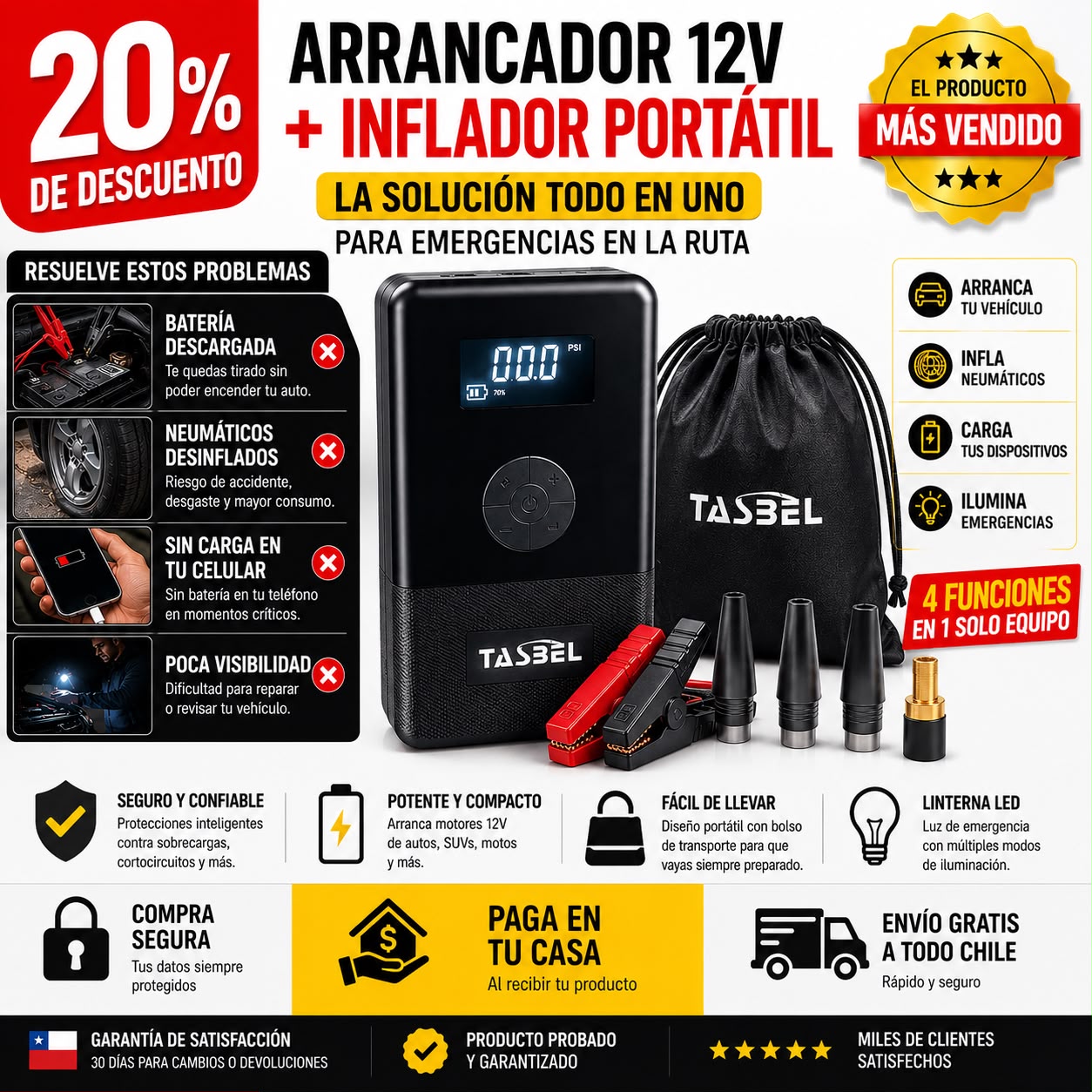 Partidor/Compresor de aire para autos 4 en 1