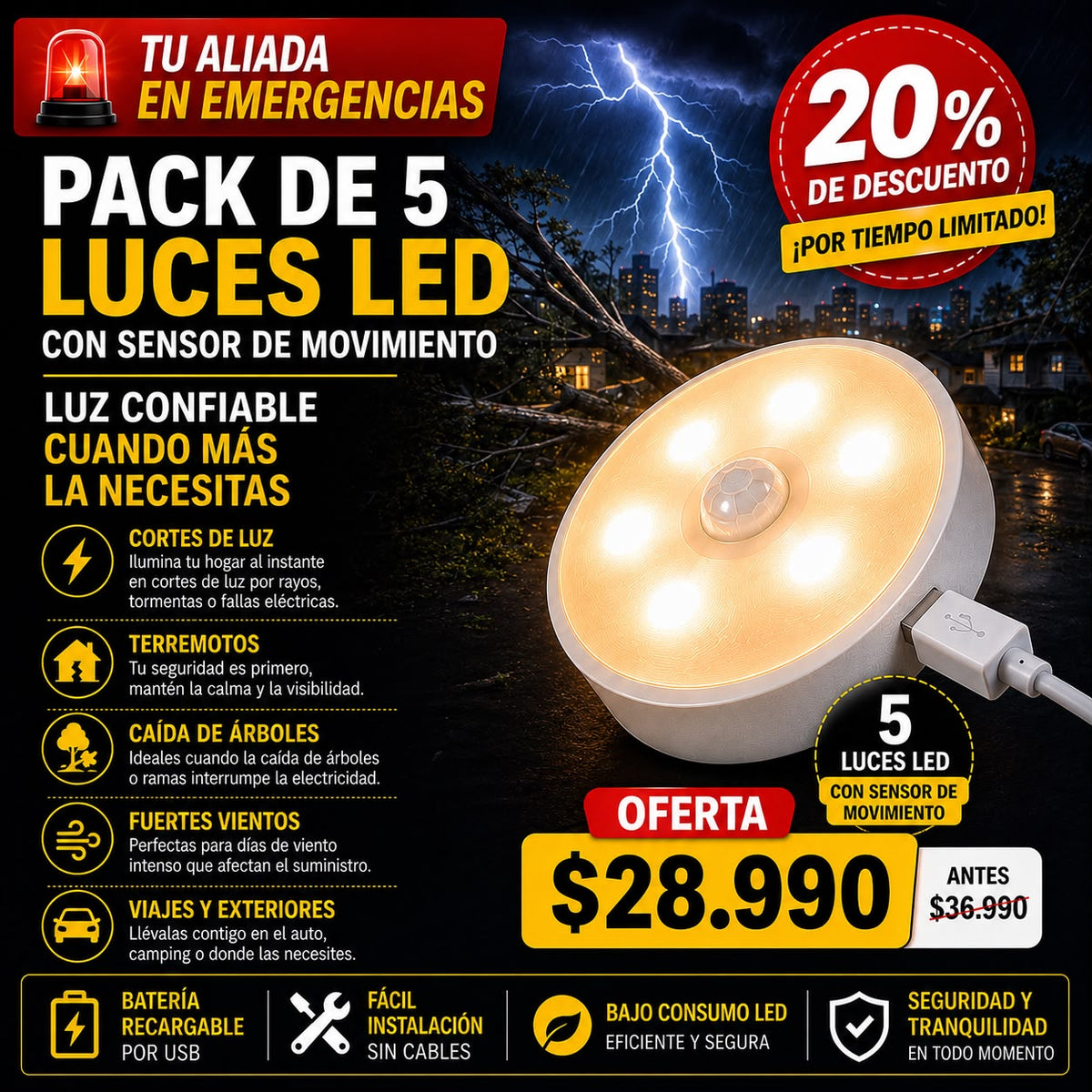 PACK 5 LUCES LED CON SENSOR DE MOVIMIENTO (Emergencias)