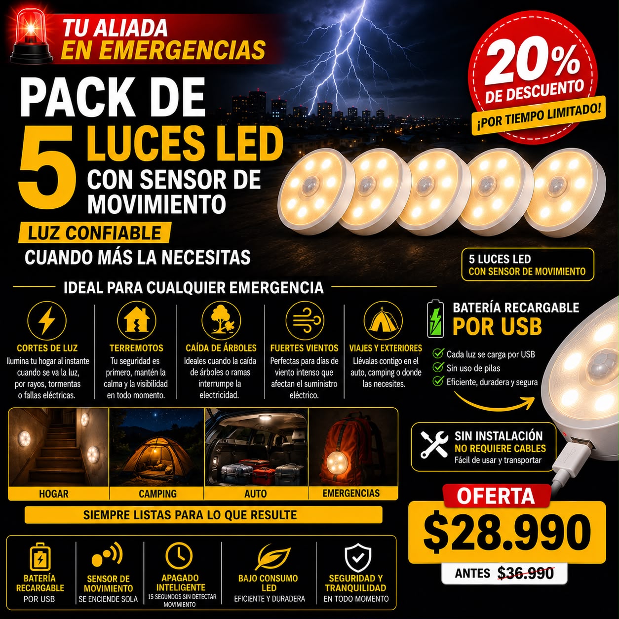 PACK 5 LUCES LED CON SENSOR DE MOVIMIENTO (Emergencias)
